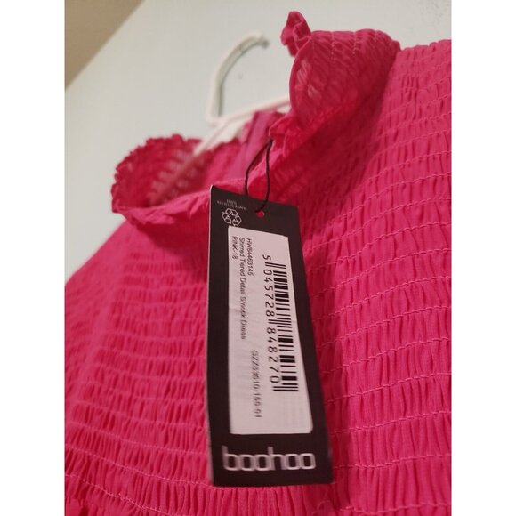 Boohoo Womens 14 Dress Shirred Tiered Detail Smock Bright Pink 3/4 Sleeve NWT - Picture 6 of 6